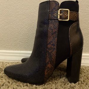 Western style faux snakeskin block heeled booties